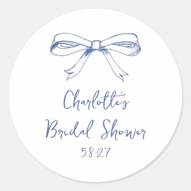 Handwritten Script Coquette Bow Blue Bridal Shower Classic Round Sticker (Front)