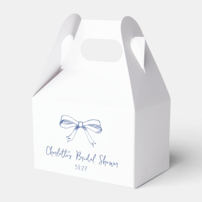 Handwritten Script Coquette Bow Blue Bridal Shower Favour Box (Front Side)