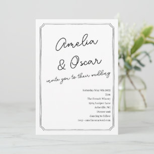 Handwritten Script Doodle Frame Wedding White Invitation