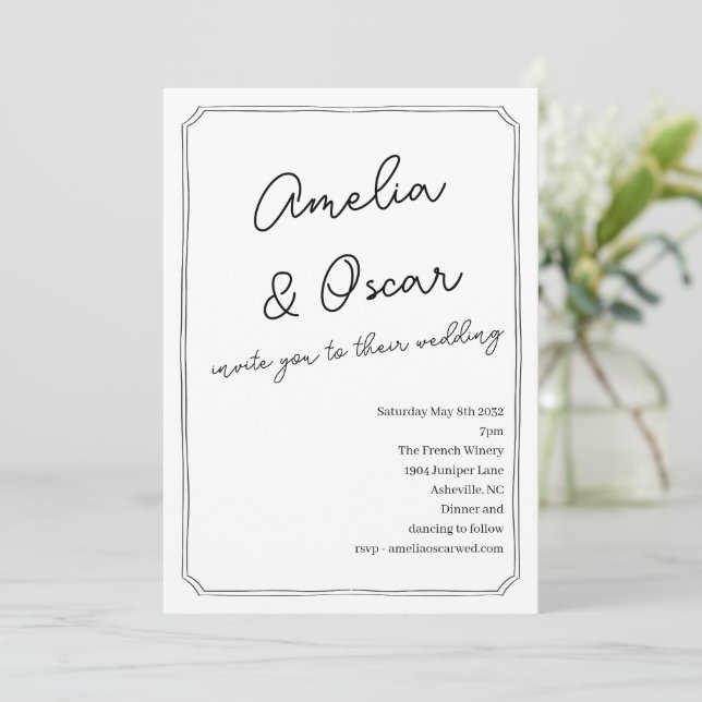 Handwritten Script Doodle Frame Wedding White Invitation (Standing Front)