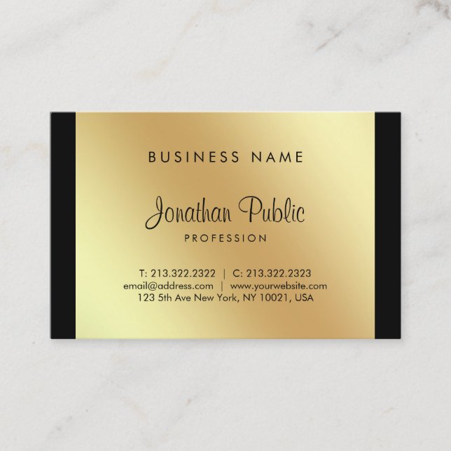 Handwritten Script Glamour Black Gold Luxe Elegant Business Card (Front)