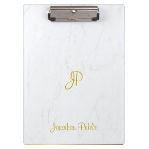 Handwritten Script Gold Monogram Elegant Marble Clipboard