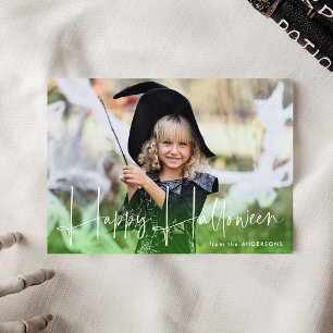 Handwritten Script Green Happy Halloween Photo Holiday Card