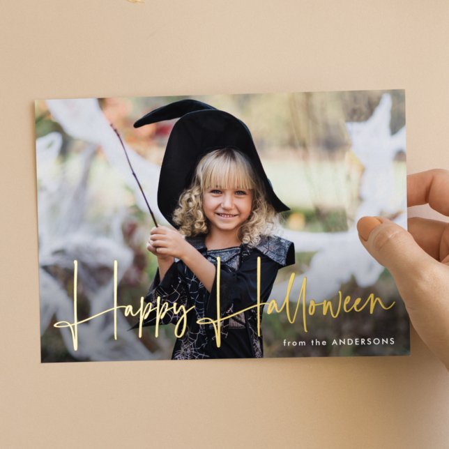 Handwritten Script Happy Halloween Photo Foil Holiday Card (Creator Uploaded)