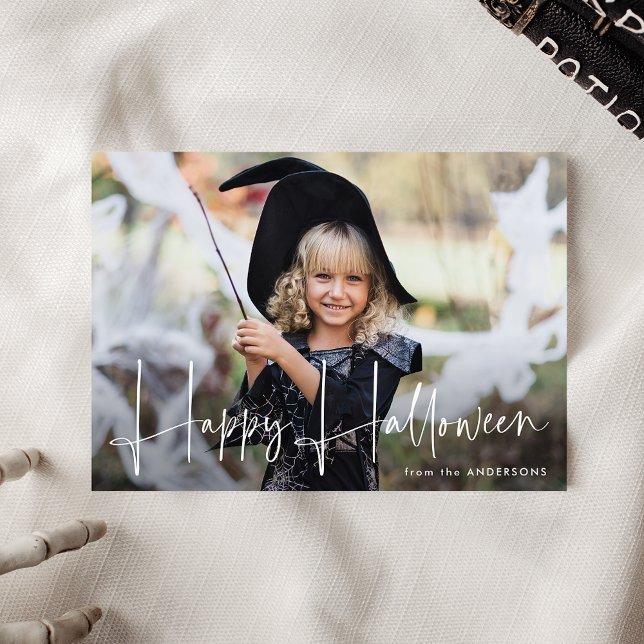 Handwritten Script Happy Halloween Photo Holiday Card (Creator Uploaded)