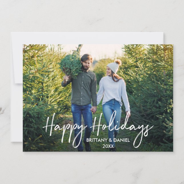 Handwritten Script Happy Holidays Couple Photo Holiday Card (Front)