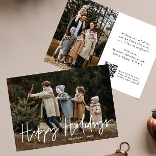 Handwritten Script Happy Holidays QR Code 2 Photo Holiday Card