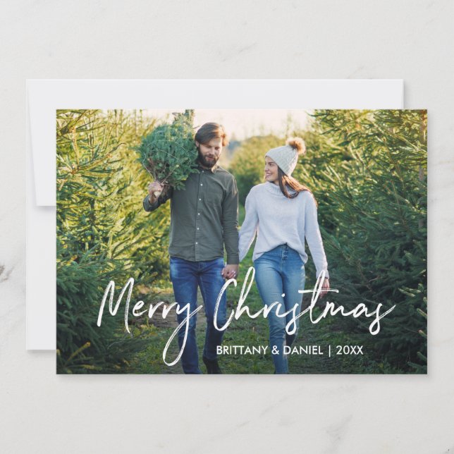 Handwritten Script Merry Christmas Couple Photo Holiday Card (Front)