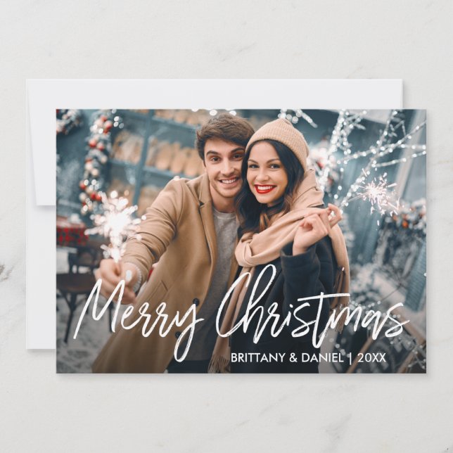 Handwritten Script Merry Christmas Photo Holiday Card (Front)
