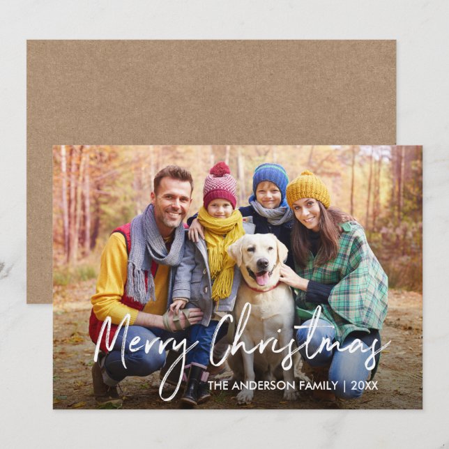 Handwritten Script Merry Christmas Photo Kraft Holiday Card (Front/Back)