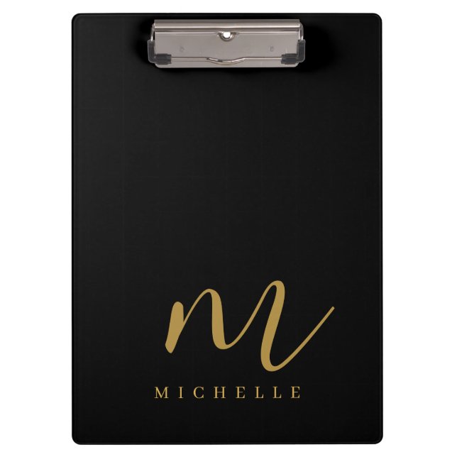 Handwritten Script Monogram Black And Gold Name Clipboard (Front)