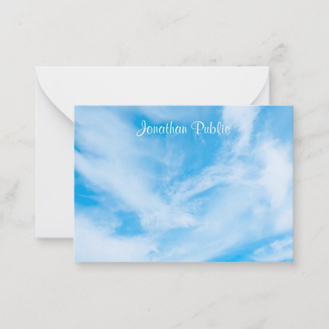Handwritten Script Name Blue Sky White Clouds Card (Front)