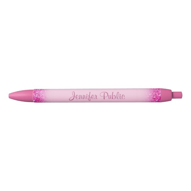 Handwritten Script Name Girly Pink Glitter Trendy Black Ink Pen (Front)