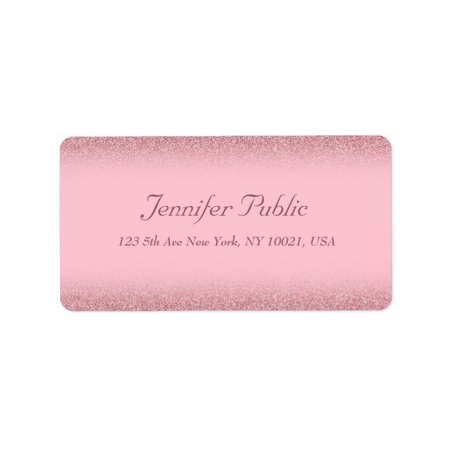 Handwritten Script Name Template Rose Gold Glitter Label (Front)