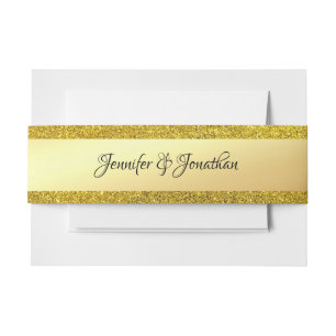 Handwritten Script Name Text Gold Glitter Elegant Invitation Belly Band