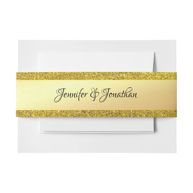 Handwritten Script Name Text Gold Glitter Elegant Invitation Belly Band (Front Example)
