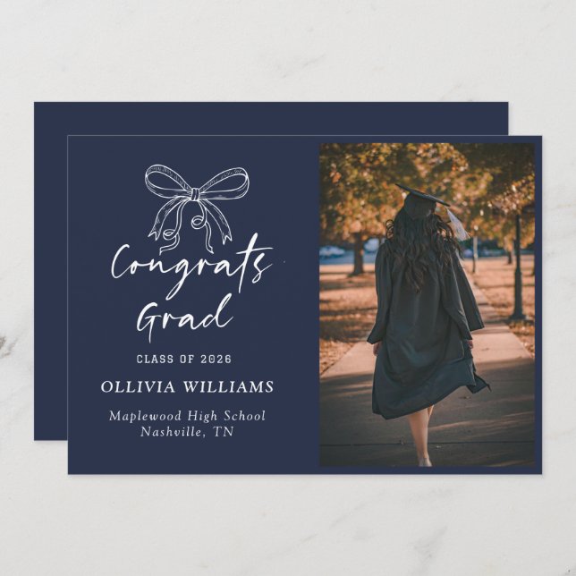 Handwritten Script Navy Blue Graduation Announcement (Front/Back)