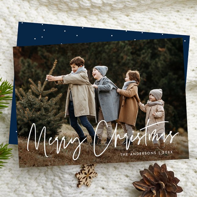 Handwritten Script Navy Merry Christmas Photo Holiday Card (Creator Uploaded)