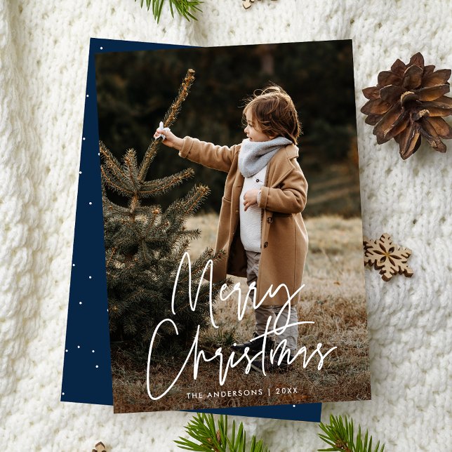Handwritten Script Navy Merry Christmas Photo Holiday Card (Creator Uploaded)