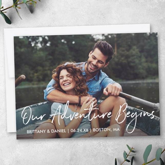 Handwritten Script Our Adventure Begins Photo Save The Date (Customize to change your personalized text size, style or to add more text & photos to back of card.)
