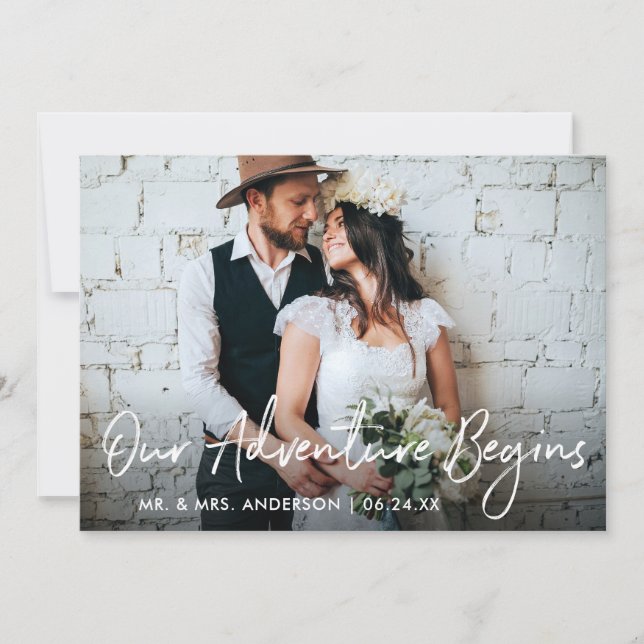 Handwritten Script Our Adventure Begins Wedding Thank You Card (Front)