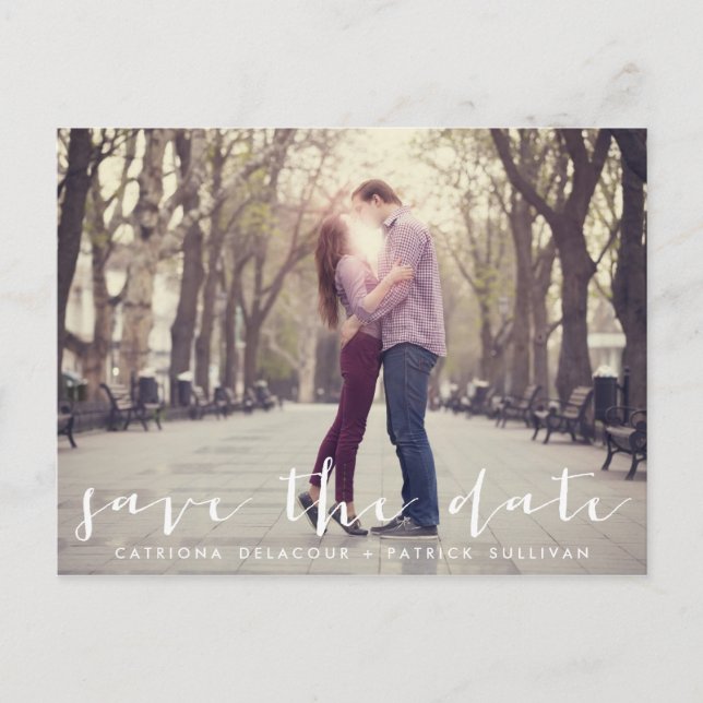 Handwritten Script Photo Save the Date Postcard (Front)