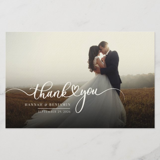 Handwritten Script Photo Wedding Thank You Stationery (Front)