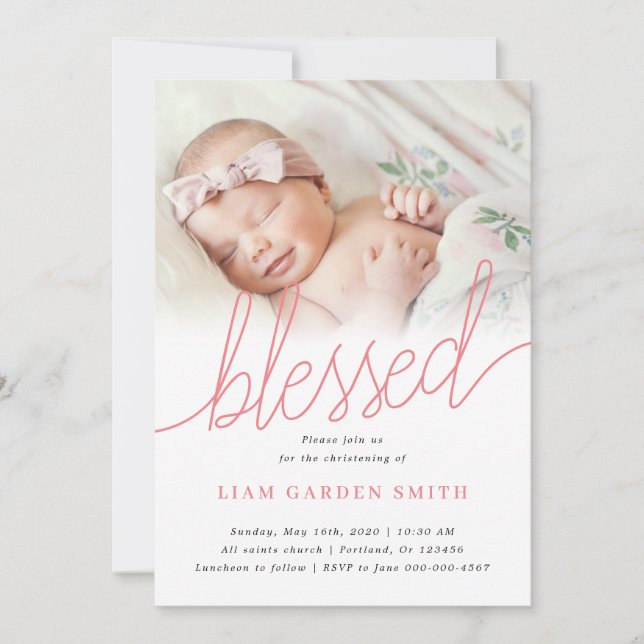 Handwritten Script Pink Christening Baptism Photo  Invitation (Front)