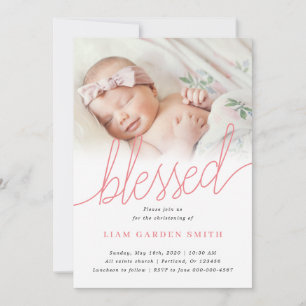 Handwritten Script Pink Christening Baptism Photo Invitation