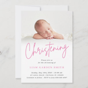 Handwritten Script Pink Christening Baptism Photo Invitation