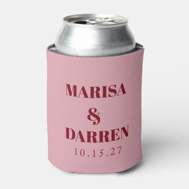 Handwritten Script Pink Custom Wedding Can Cooler (Can Front)