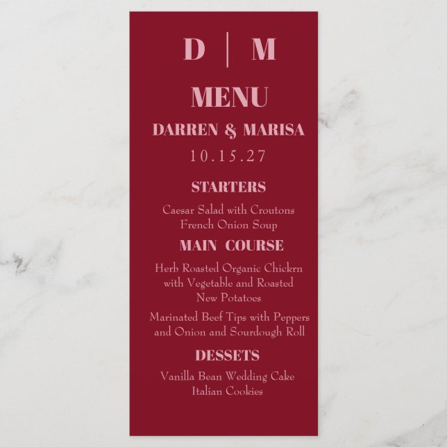 Handwritten Script Pink & Red Custom Wedding Menu (Front)