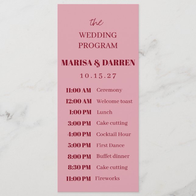 Handwritten Script Pink & Red Custom Wedding  Programme (Front)