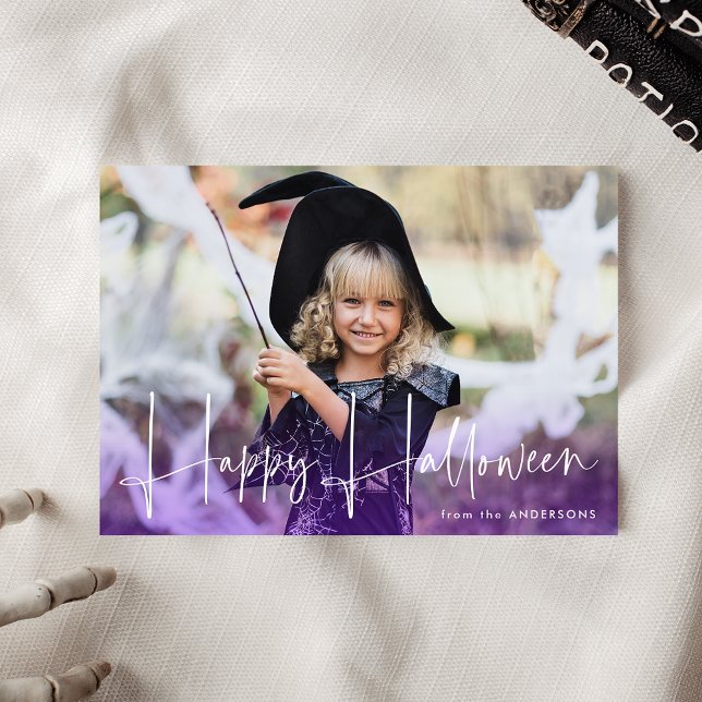 Handwritten Script Purple Happy Halloween Photo Holiday Card (Creator Uploaded)