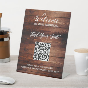 Handwritten script QR code rustic wedding seating Pedestal Sign