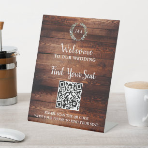 Handwritten script QR code rustic wedding seating Pedestal Sign