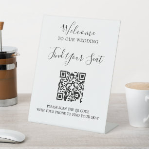Handwritten script QR code wedding seating Pedestal Sign