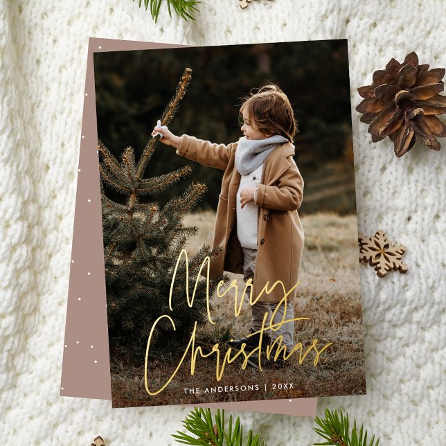 Handwritten Script Rose Taupe Merry Christmas Foil Holiday Card (Creator Uploaded)