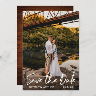 Handwritten Script Rustic Wood Couple Photo Save The Date