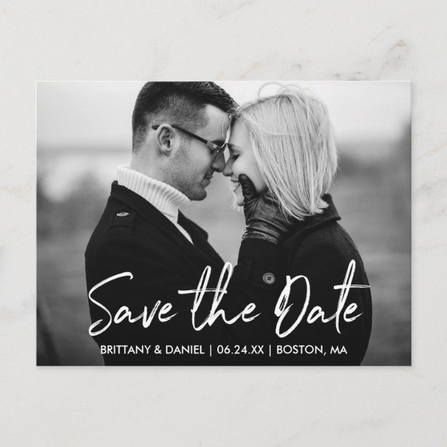 Handwritten Script Save the Date Black and White Postcard (Front)