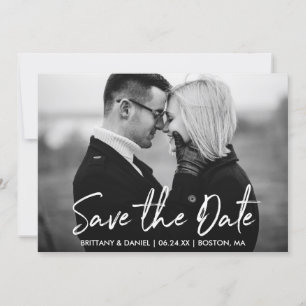 Handwritten Script Save the Date Black White Card