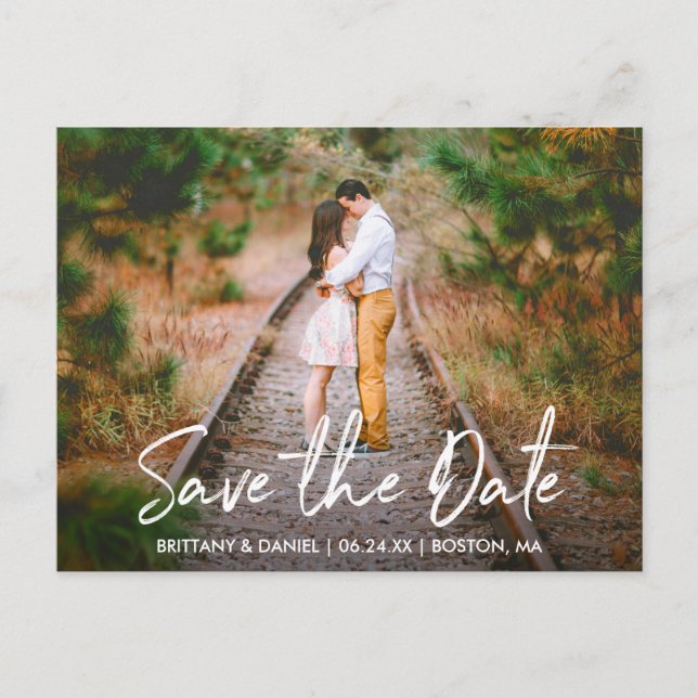 Handwritten Script Save the Date Couple Photo Postcard (Front)