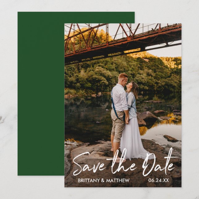 Handwritten Script Save the Date Green Photo Card (Front/Back)