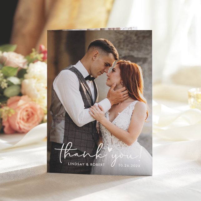 Handwritten Script Sweet Love Heart Wedding Photo  Thank You Card (Creator Uploaded)