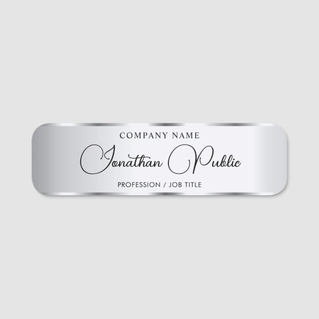 Handwritten Script Template Elegant Silver Custom Name Tag (Front)