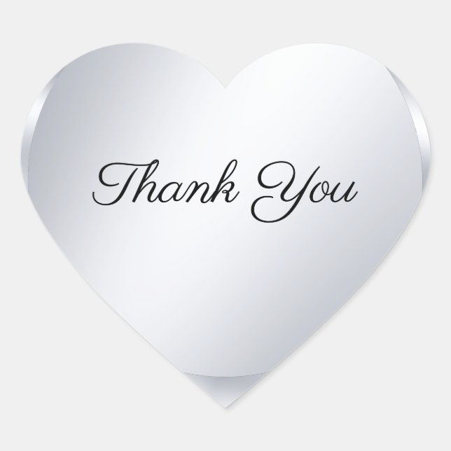 Handwritten Script Thank You Script Faux Silver Heart Sticker (Front)
