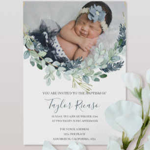 Handwritten Script Typography Wreath Baptism Invitation