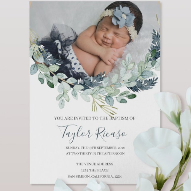 Handwritten Script Typography Wreath Baptism Invitation (Handwritten Script Typography Wreath Baptism Invitation from Ricaso Add your own photo and text)