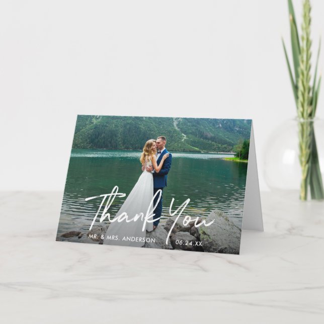 Handwritten Script Wedding Photo Fold Thank You Card (Front)