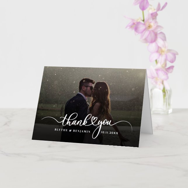 Handwritten Script Wedding Photo Thank You Silver Foil Greeting Card (Orchid)
